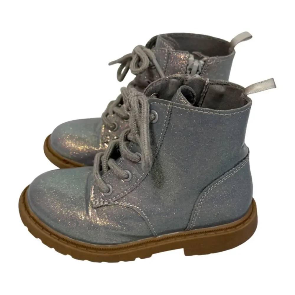 Old Navy Silver Glitter Metallic Lace Up Booties Size 8